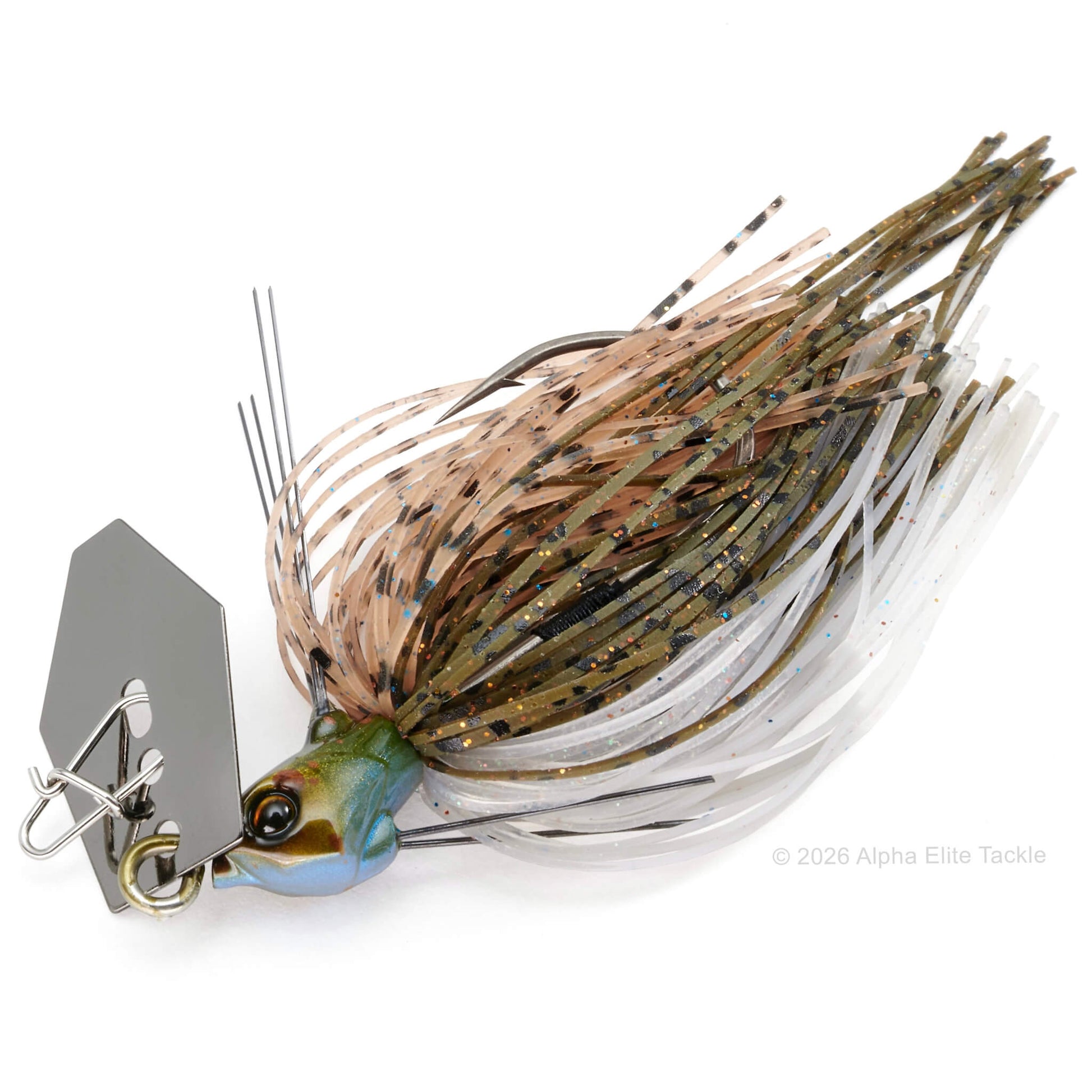 Close Up of the Jackall TG Super Break Blade Fine Bladed Jig in the color Hiyake Suji Shrimp on a white background