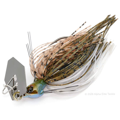 Close Up of the Jackall TG Super Break Blade Fine Bladed Jig in the color Hiyake Suji Shrimp on a white background