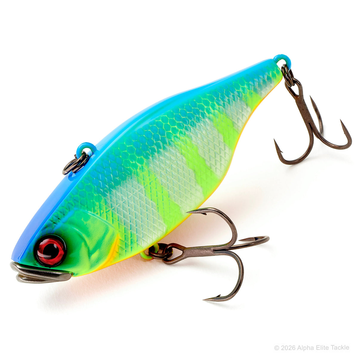 A hard bait fishing lure with a vibrant neon coloration of blue, green, and yellow, featuring a realistic red eye and two dark metal treble hooks.