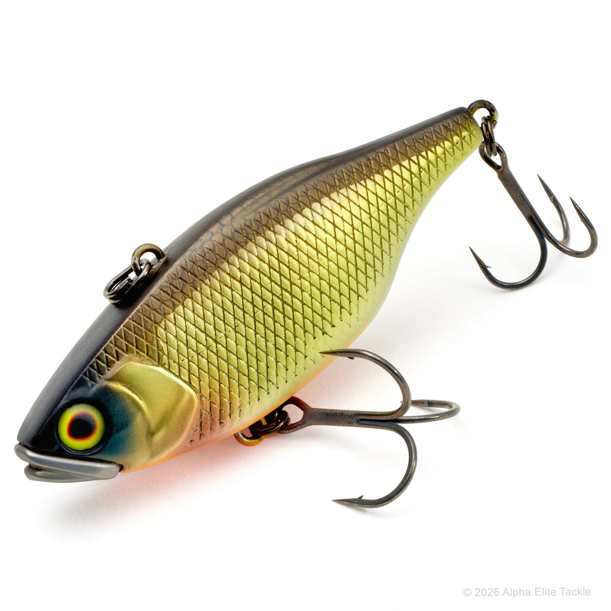 A hard bait fishing lure with a textured scale pattern, featuring a metallic gold and olive-green body, a black back, and realistic eye details. It has dual treble hooks attached and is photographed on a clean white background.