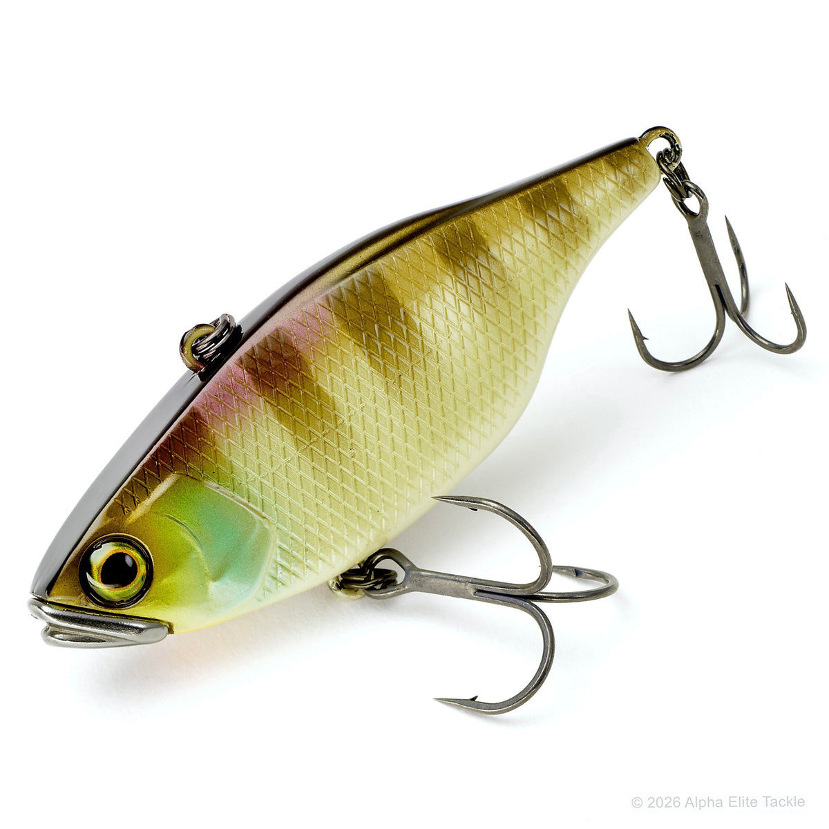A hard fishing lure with a realistic fish design, featuring a yellow and green body with vertical orange stripes, a black top, and two treble hooks, shown on a white background.
