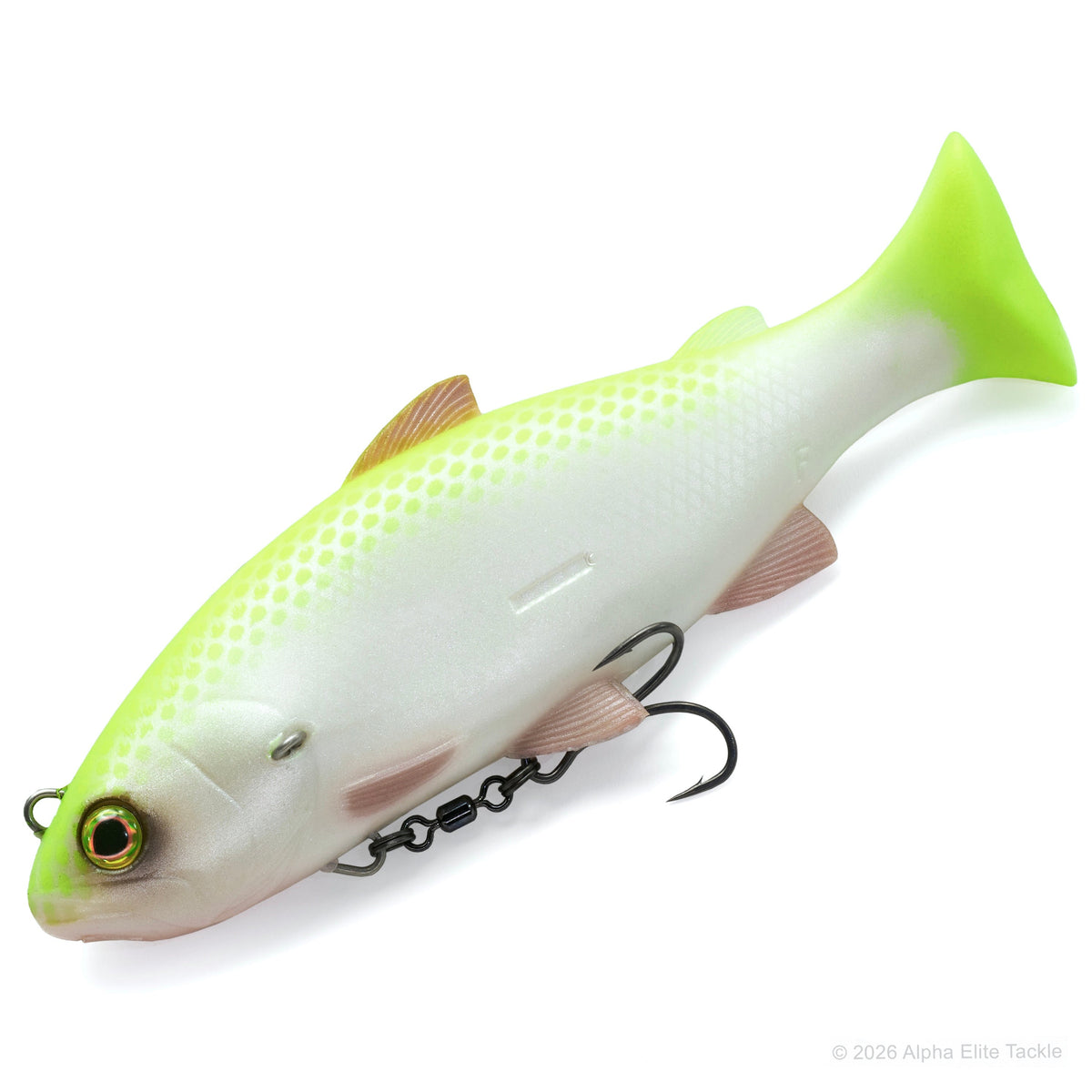 A realistic fishing lure shaped like a fish, with a white body, neon yellow-green top, and black treble hooks, shown on a plain white background.