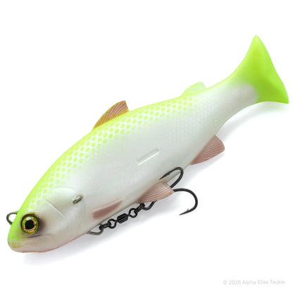 A realistic fishing lure shaped like a fish, with a white body, neon yellow-green top, and black treble hooks, shown on a plain white background.
