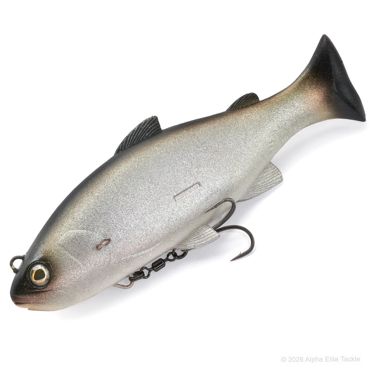 A realistic fishing lure shaped like a fish, shown on a plain white background. The lure has a metallic silver body with a dark gray to black head and tail, a yellow-and-black eye.