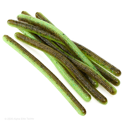 Close up of the Jackall Yammy 500 soft plastic bait in the color green pumpkin chart on a white background