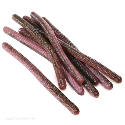 Close up of the Jackall Yammy 500 soft plastic bait in the color green pumpkin earthworm on a white background