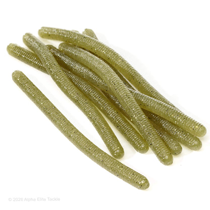 Close up of the Jackall Yammy 500 soft plastic bait in the color light melon on a white background