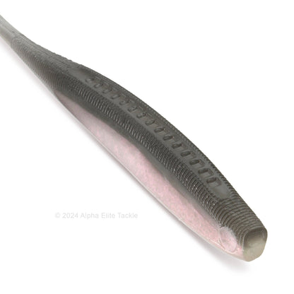Close up of the Kaesu Isana Fluke Strolling Minnow in the color Clear Black Pearl on a white background