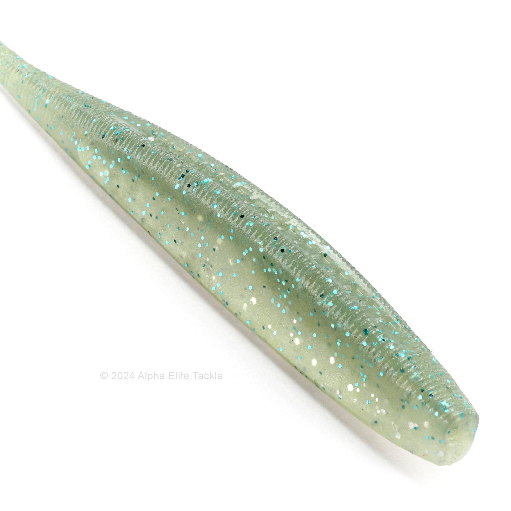 Close up of the Kaesu Isana Fluke Strolling Minnow in the color Glitter Green Pearl on a white background