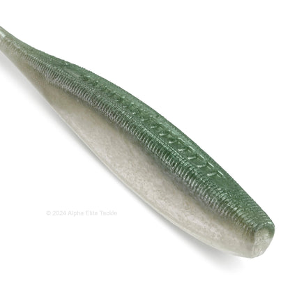 Close up of the Kaesu Isana Fluke Strolling Minnow in the color Green Pearl Shiner on a white background