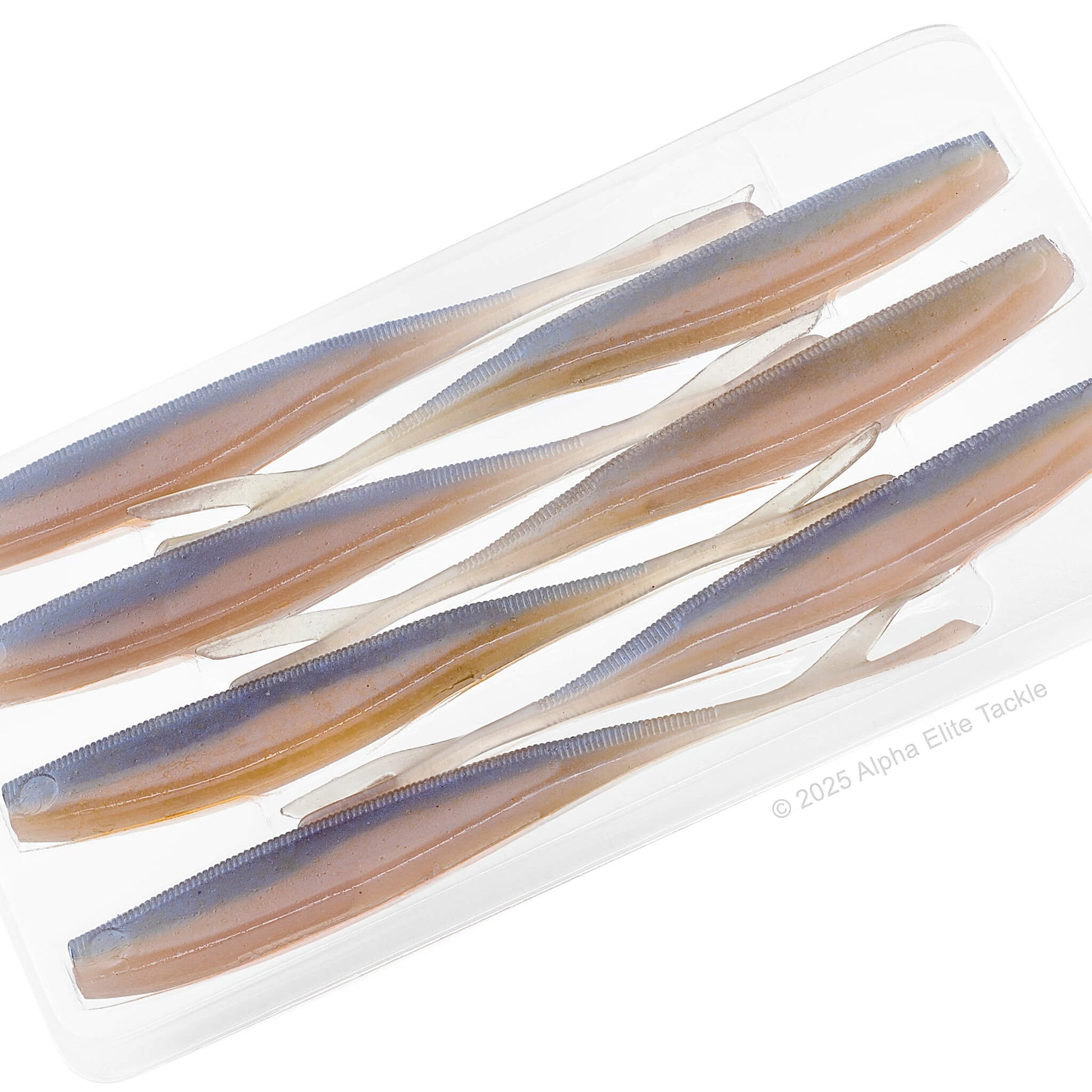 Close up of the Kaesu Isana Fluke Strolling Minnow in the color Natural Pro Blue on a white background