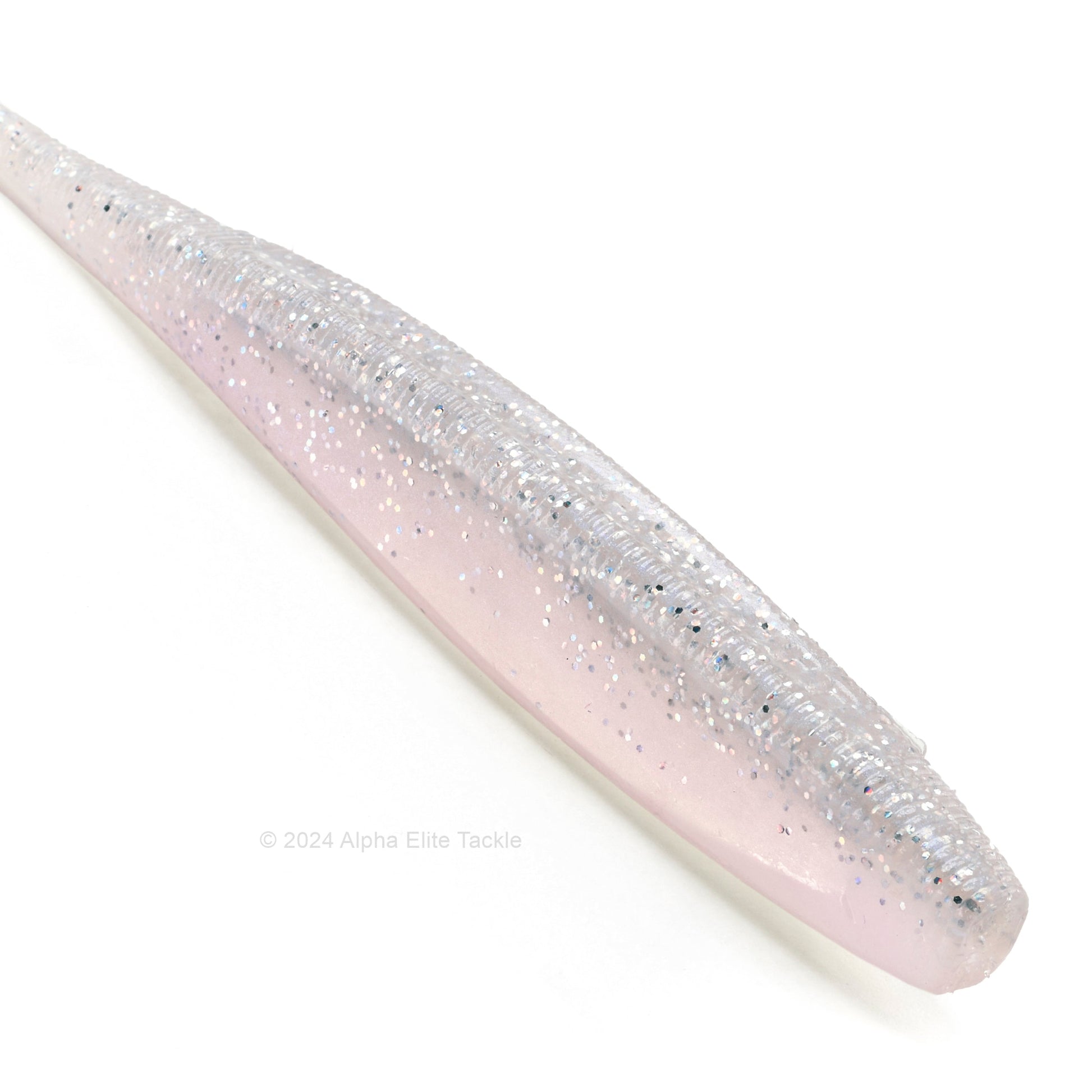 Close up of the Kaesu Isana Fluke Strolling Minnow in the color Silver Pearl on a white background