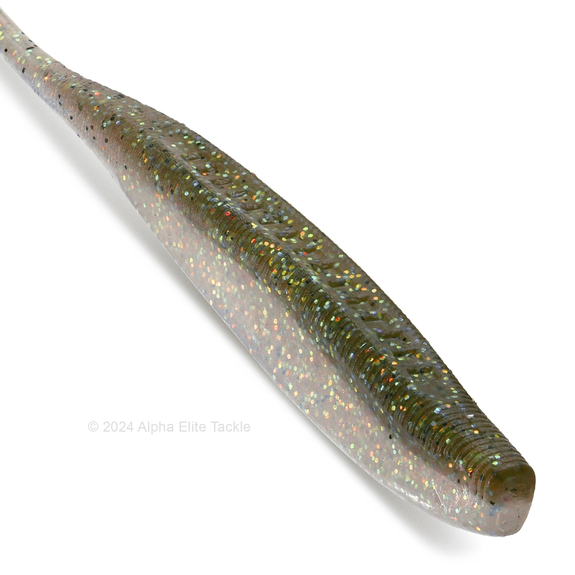 Close up of the Kaesu Isana Fluke Strolling Minnow in the color Smoke Black Hologram on a white background