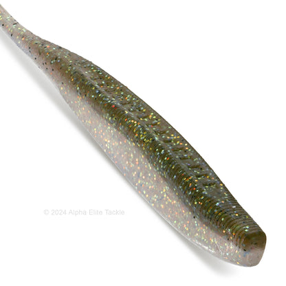 Close up of the Kaesu Isana Fluke Strolling Minnow in the color Smoke Black Hologram on a white background