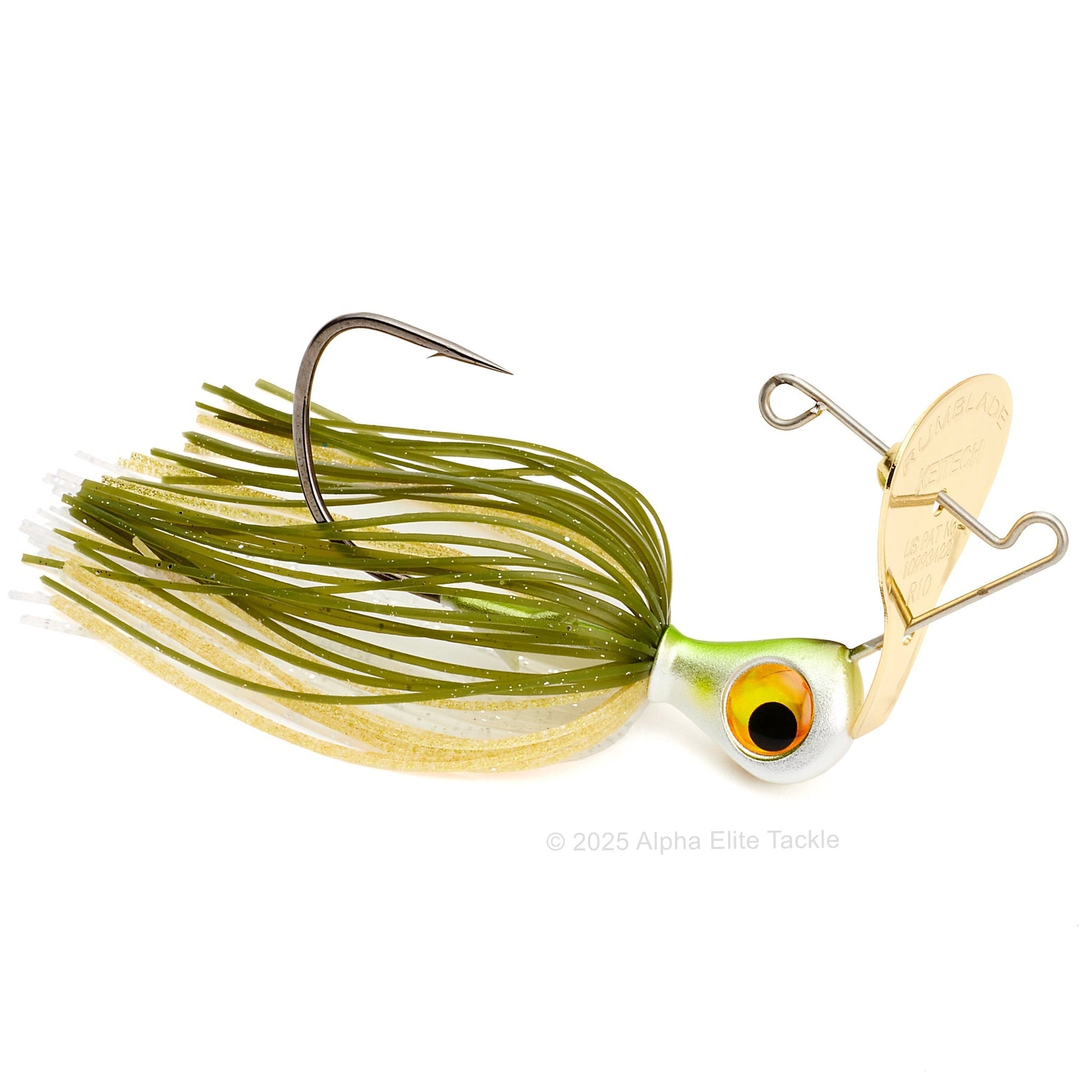 Close up of the Keitech Rumblade Bladed Swim Jig in the color 
ayu on a white background.