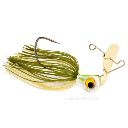 Close up of the Keitech Rumblade Bladed Swim Jig in the color 
ayu on a white background.