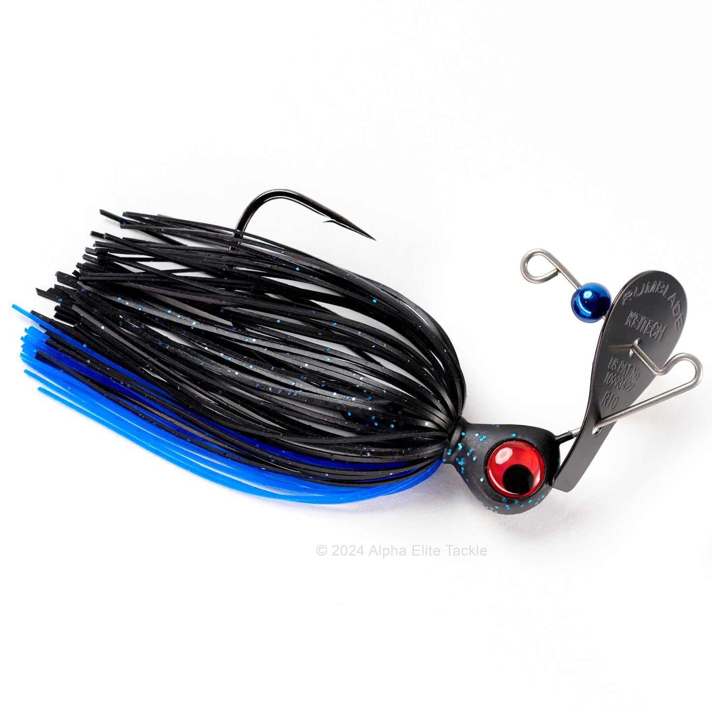 Close up of the Keitech Rumblade Bladed Swim Jig in the color Blue Black on a white background.