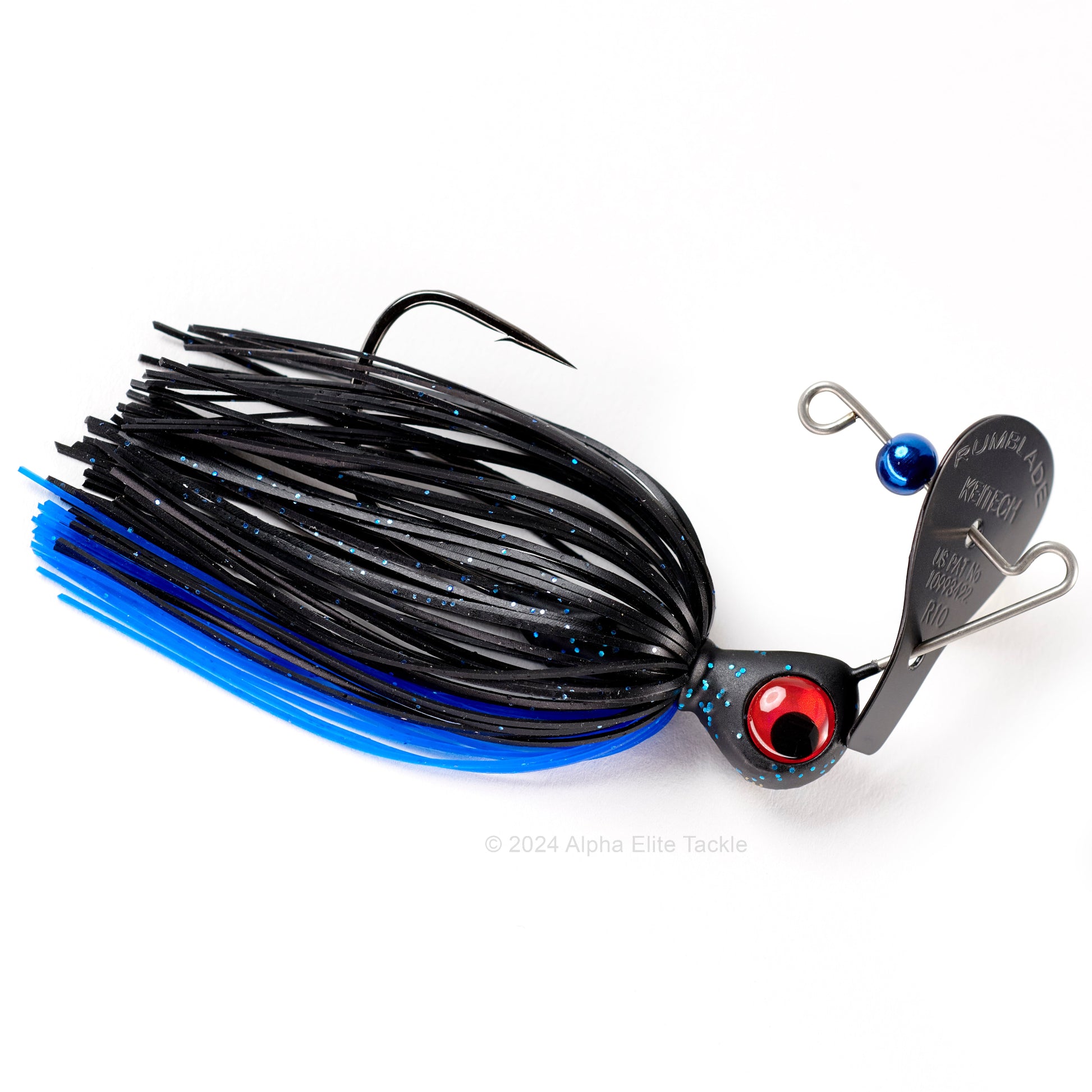 Close up of the Keitech Rumblade Bladed Swim Jig in the color Blue Black on a white background.