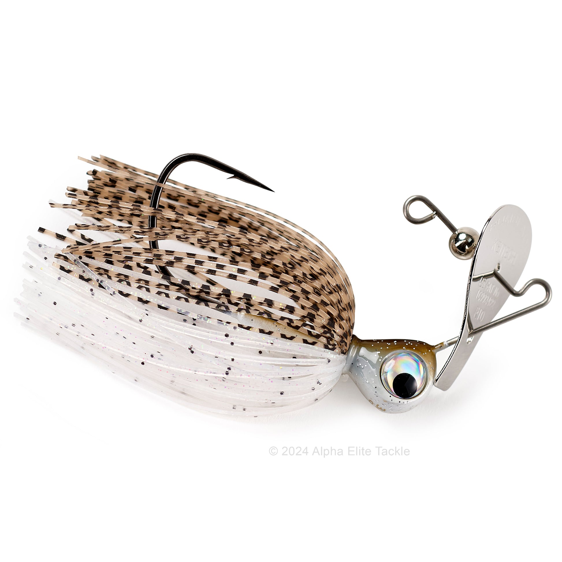 Close up of the Keitech Rumblade Bladed Swim Jig in the color Crystal Wakasagi on a white background.