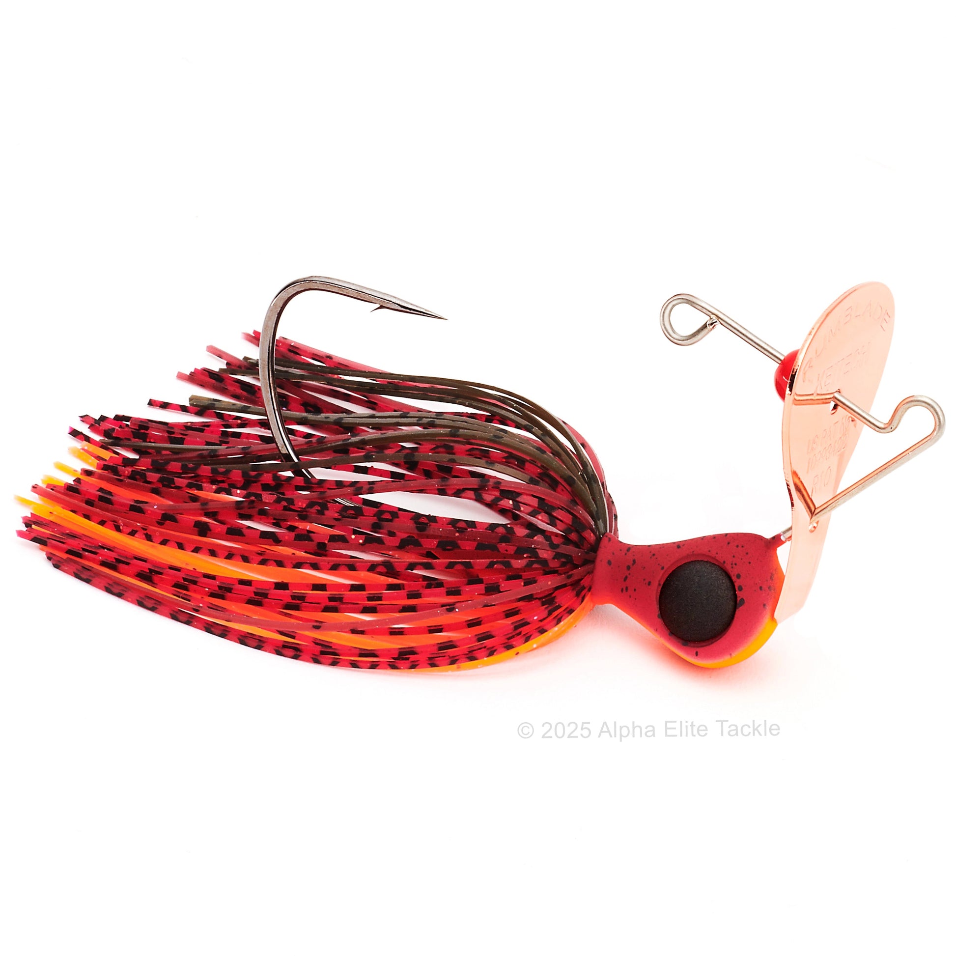 Close up of the Keitech Rumblade Bladed Swim Jig in the color Delta Craw on a white background.