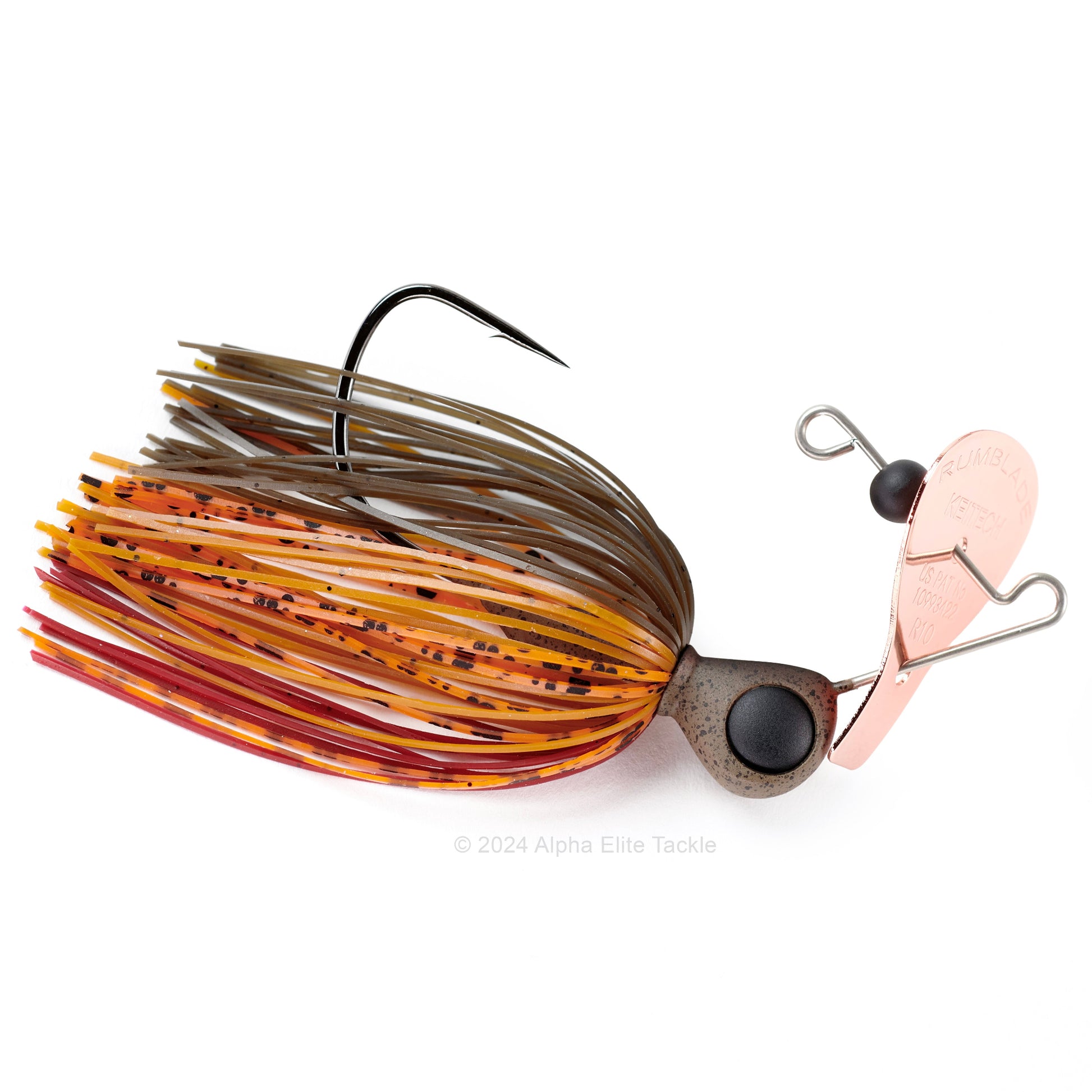 Close up of the Keitech Rumblade Bladed Swim Jig in the color Green Pumpkin Craw on a white background.