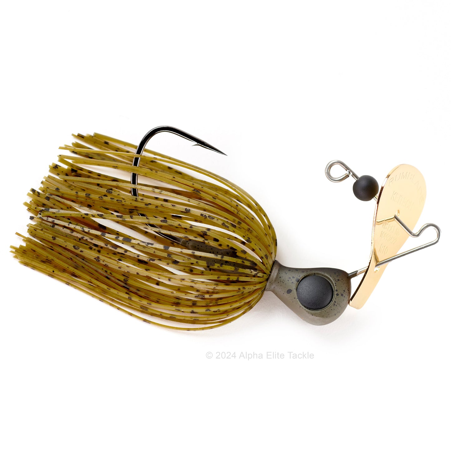 Close up of the Keitech Rumblade Bladed Swim Jig in the color Green Pumpkin on a white background.
