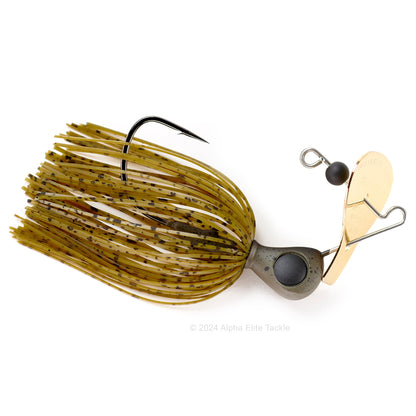 Close up of the Keitech Rumblade Bladed Swim Jig in the color Green Pumpkin on a white background.