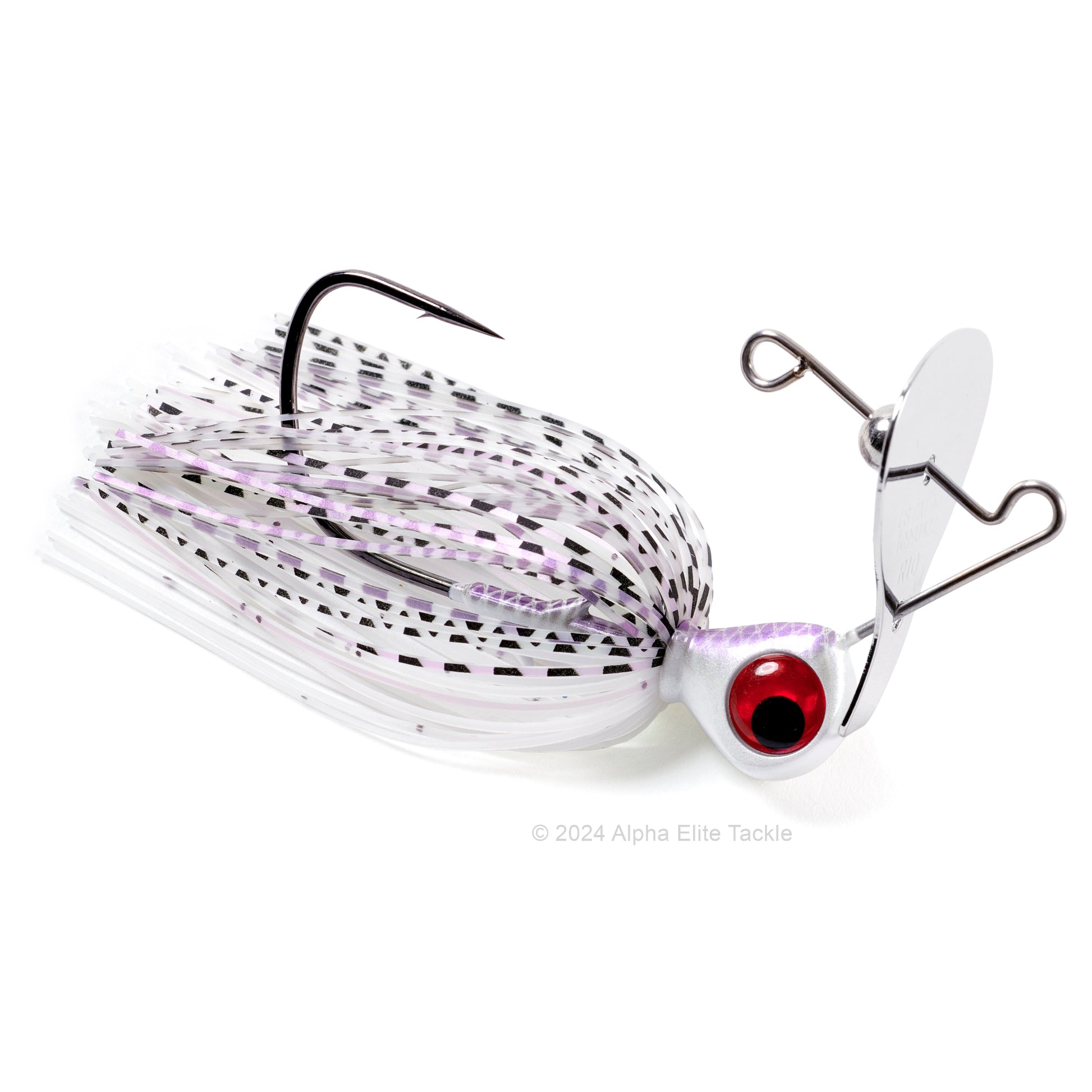 Close up of the Keitech Rumblade Bladed Swim Jig in the color Purple Pearl Shad on a white background.