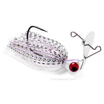 Close up of the Keitech Rumblade Bladed Swim Jig in the color Purple Pearl Shad on a white background.
