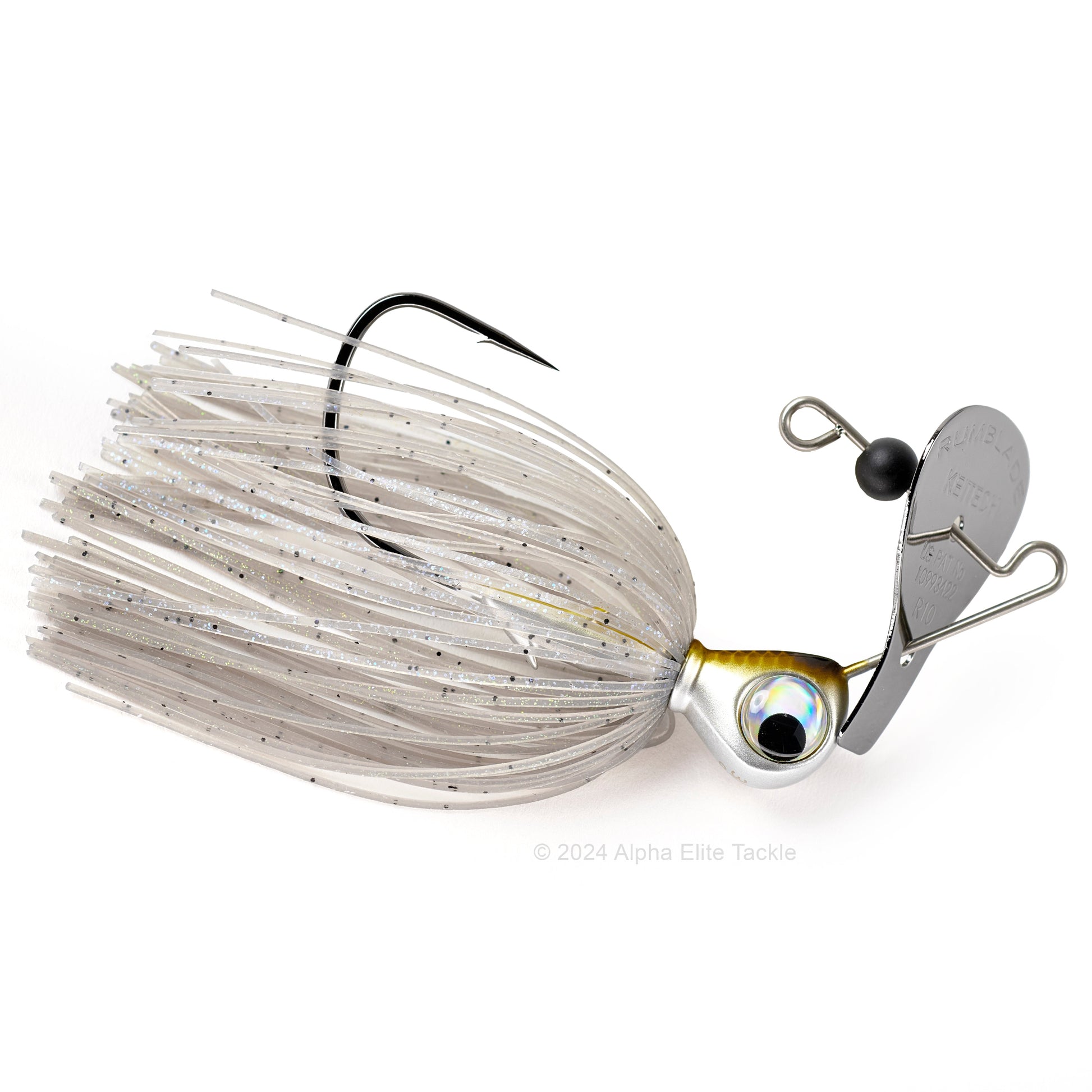 Close up of the Keitech Rumblade Bladed Swim Jig in the color Smokin Shad on a white background.