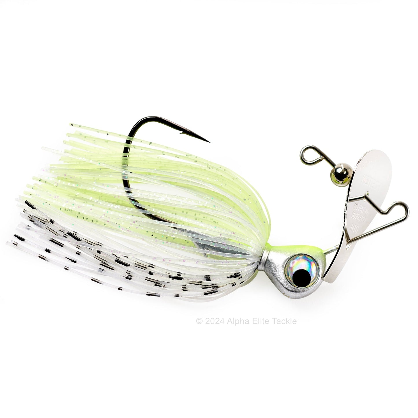 Close up of the Keitech Rumblade Bladed Swim Jig in the color Spot Remover on a white background.