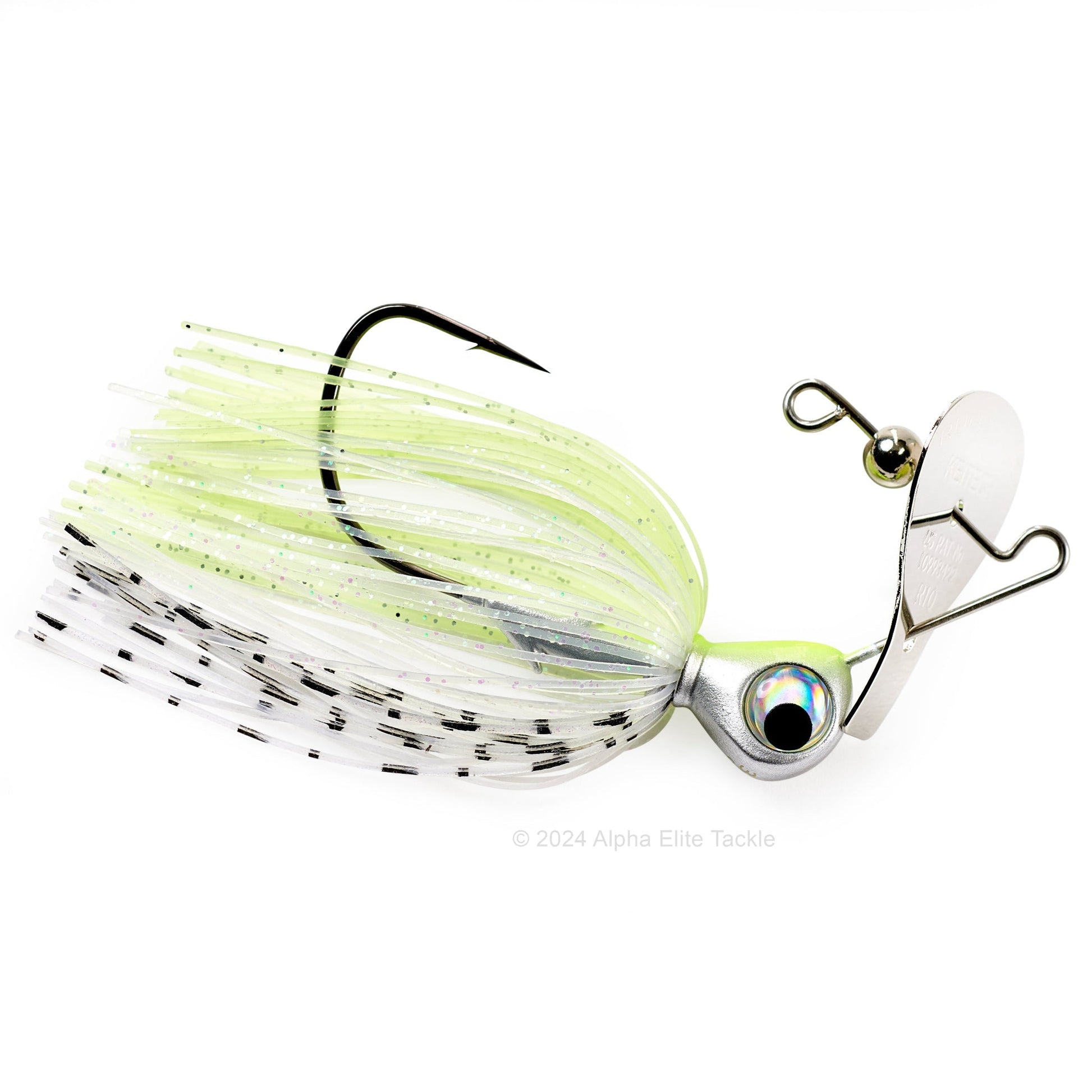 Close up of the Keitech Rumblade Bladed Swim Jig in the color Spot Remover on a white background.