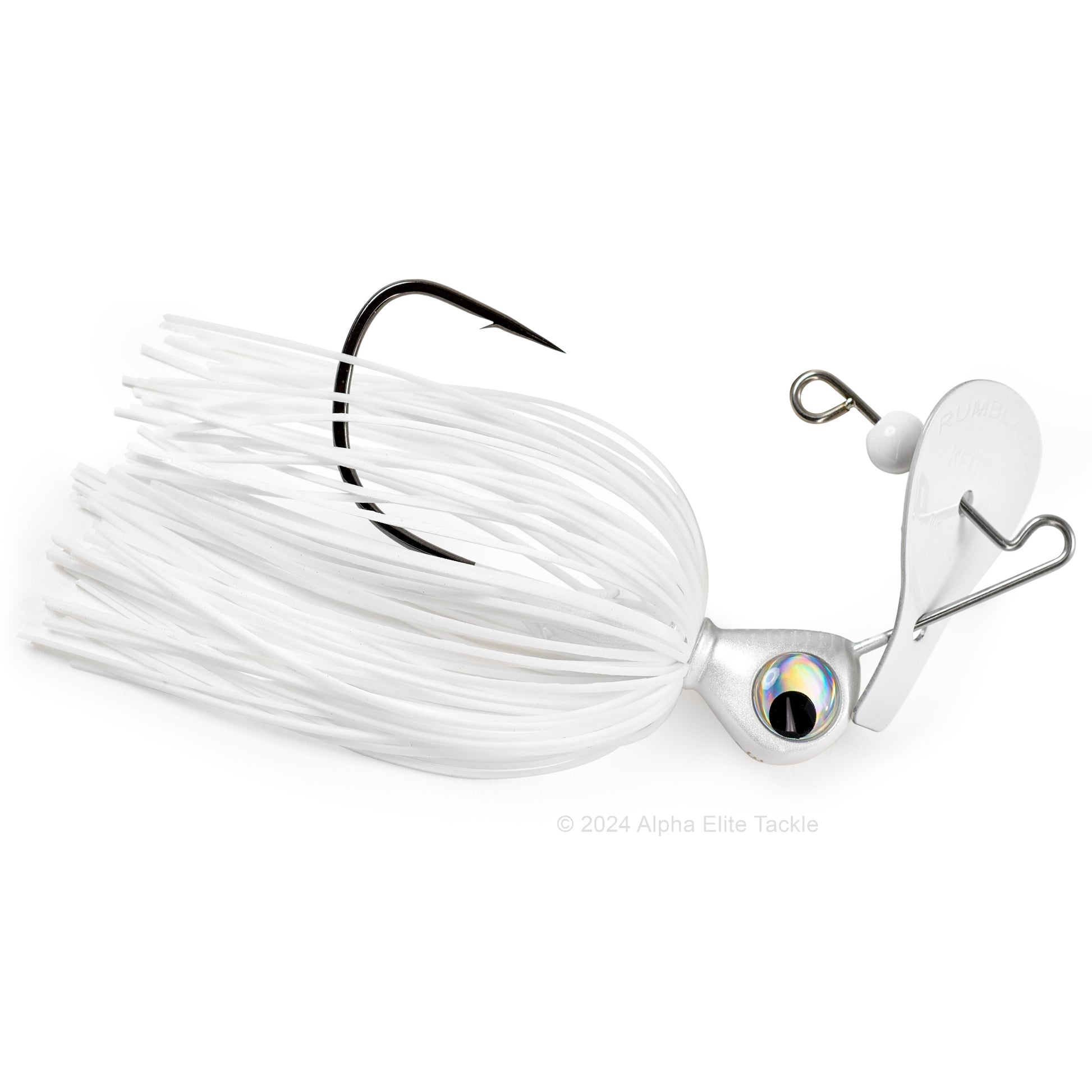 Close up of the Keitech Rumblade Bladed Swim Jig in the color Super White on a white background.