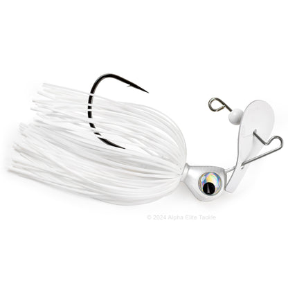 Close up of the Keitech Rumblade Bladed Swim Jig in the color Super White on a white background.