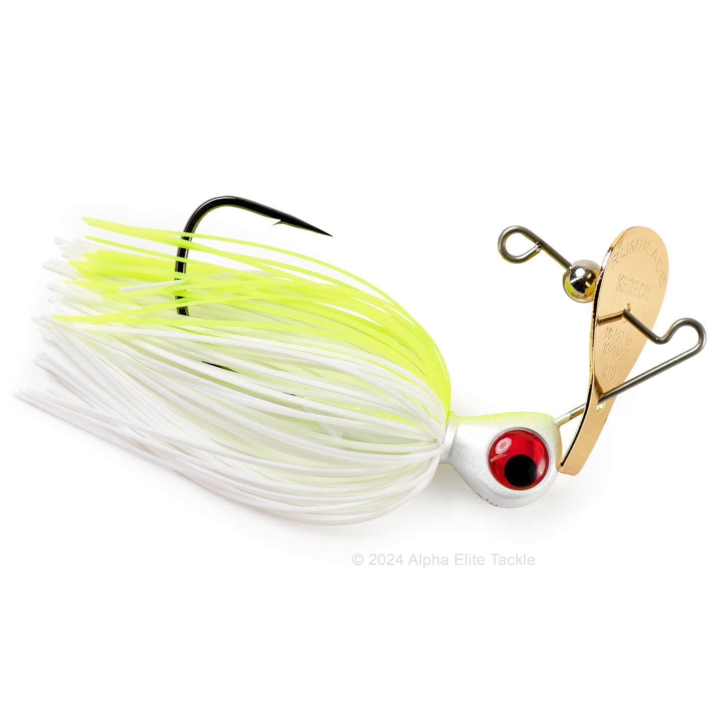 Close up of the Keitech Rumblade Bladed Swim Jig in the color White Chart on a white background.