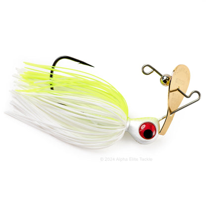 Close up of the Keitech Rumblade Bladed Swim Jig in the color White Chart on a white background.