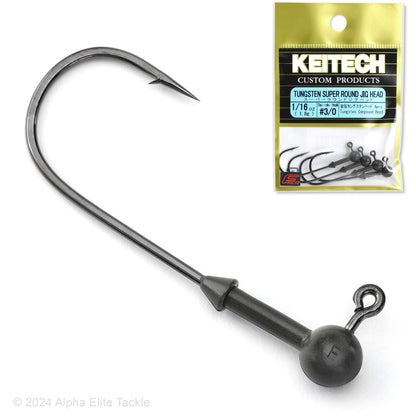 Fishing hook with a black tungsten head and packaging labeled 'Keitech' on a white background.