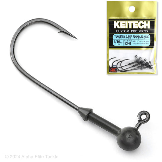 Fishing hook with a black tungsten head and packaging labeled 'Keitech' on a white background.