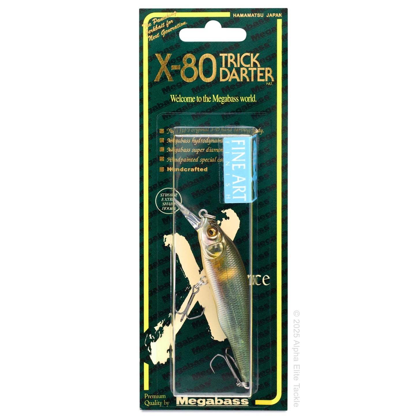 Megabass X-80 Trick Darter fishing lure in packaging on a white background