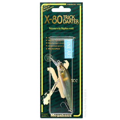 Megabass X-80 Trick Darter fishing lure in packaging on a white background
