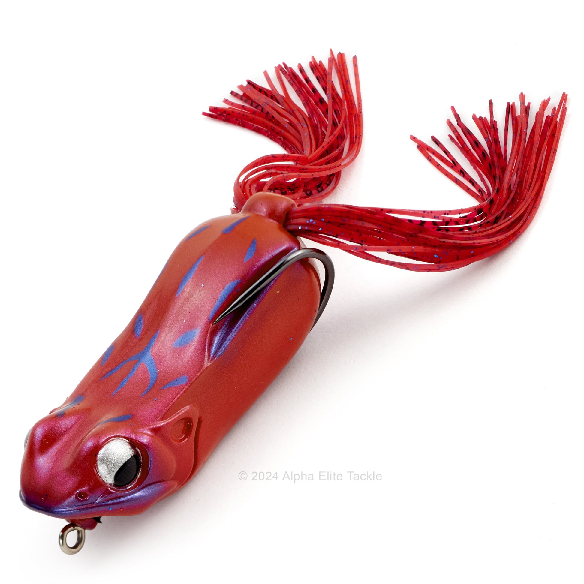 Close up of the Megabass Big Gabot Hollow Body Frog in the color AKA Zemi Red on a white background