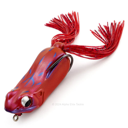 Close up of the Megabass Big Gabot Hollow Body Frog in the color AKA Zemi Red on a white background