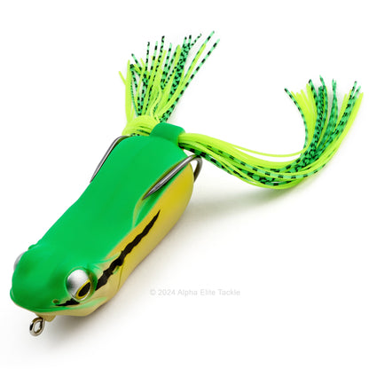 Close up of the Megabass Big Gabot Hollow Body Frog in the color Amagaeru Green on a white background