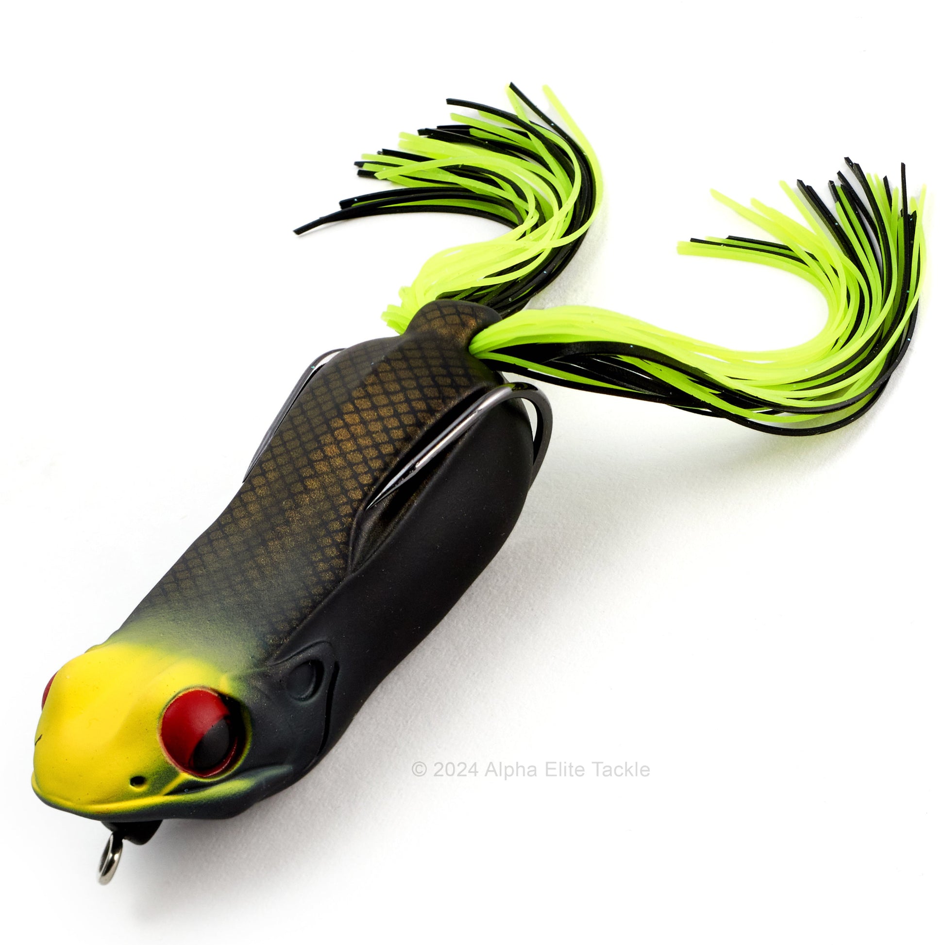 Close up of the Megabass Big Gabot Hollow Body Frog in the color Black Chartreuse Head on a white background