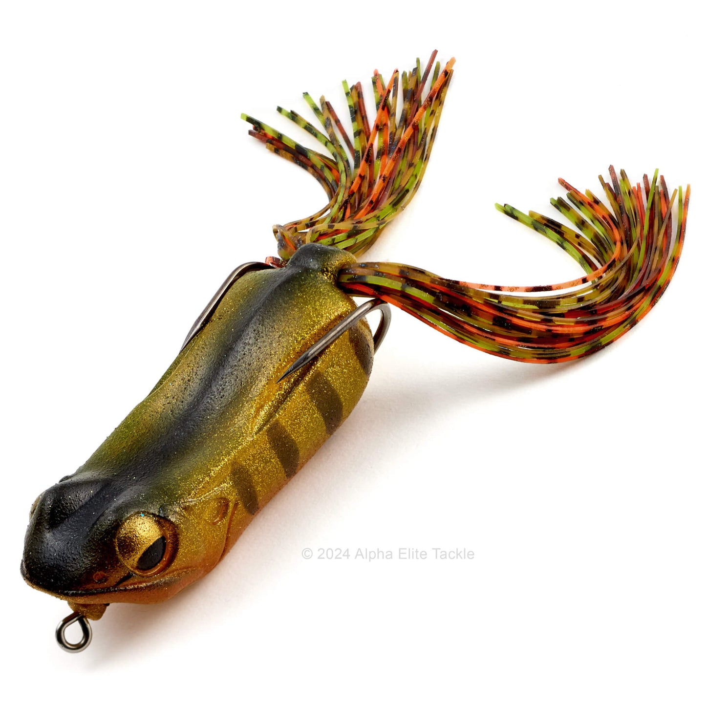 Close up of the Megabass Big Gabot Hollow Body Frog in the color GLX Perch on a white background