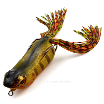 Close up of the Megabass Big Gabot Hollow Body Frog in the color GLX Perch on a white background