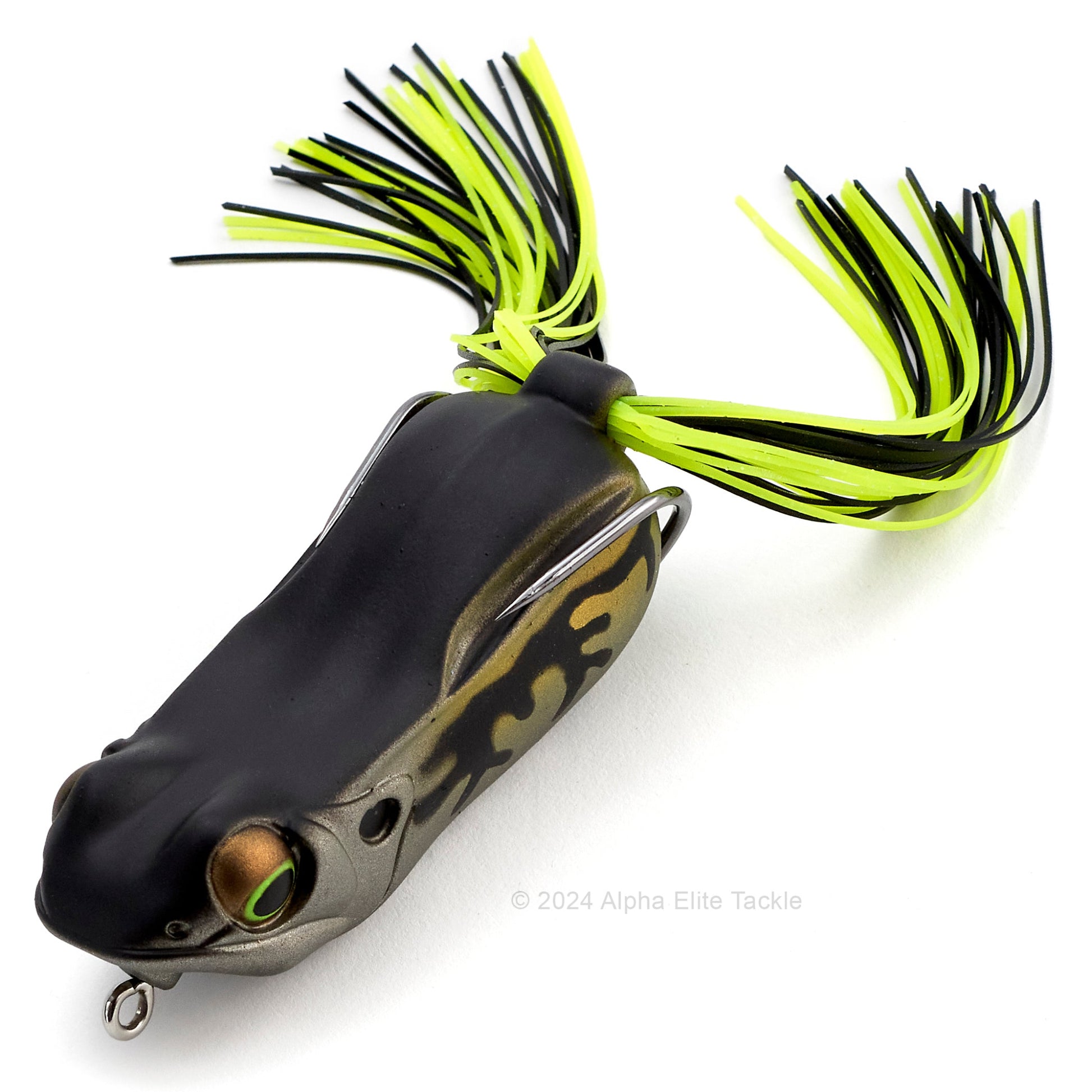 Close up of the Megabass Big Gabot Hollow Body Frog in the color Hikigaeru Black on a white background