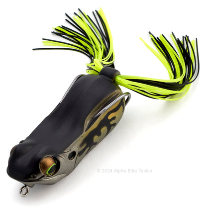 Close up of the Megabass Big Gabot Hollow Body Frog in the color Hikigaeru Black on a white background