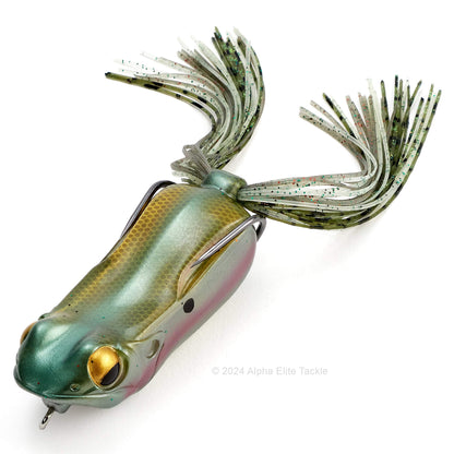 Close up of the Megabass Big Gabot Hollow Body Frog in the color MB Gizzard on a white background