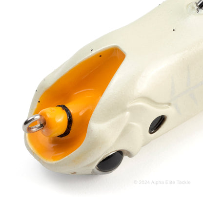 Close up of the underside of that Megabass Big Gabot Hollow Body Frog on a white background